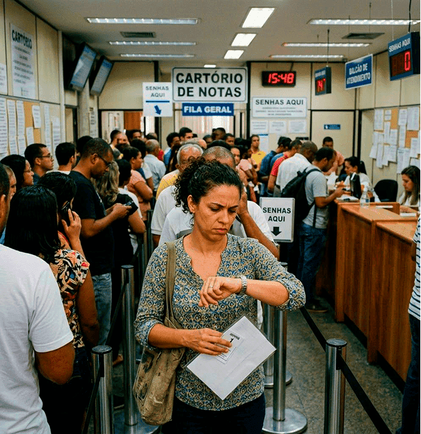 Homem impaciente na fila do cartório olhando o relógio — a espera desgastante